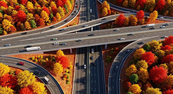 Autumn Highway Intersection with Vibrant Fall Foliage Overhead View
