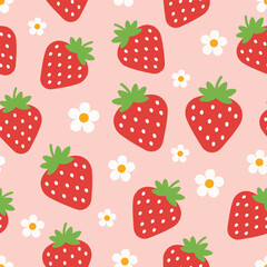 vibrant ,seamless strawberry pattern with white flowers on pink background