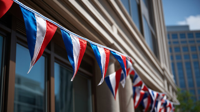 Patriotic bunting decorating building facade American decoration patriotic display building adornment red white and blue festive decoration patriotic colors architectural - Powered by Adobe
