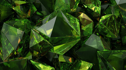 3D render of an abstract green crystal background with faceted emerald-like texture. Wide panoramic view, polygonal geometry, and macro details create a gem-inspired digital wallpaper.