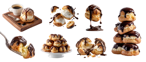 Set of Profiterole Cream Puff Choux pastry pâte à choux with chocolate ganache syrup on transparent cutout PNG. On serving board, platter tray, fork, stack broken slice pile. Mockup template design	
