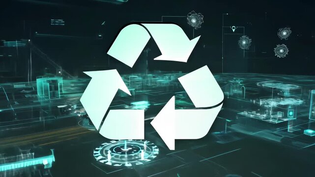 Minimal abstract digital recycling icon, glowing neon triangular loop, arrows streaming binary code microcircuit lines, dark gradient tech futuristic sustainable technology symbol, ultra 4K animation