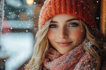 Woman in red hat and scarf in snow.