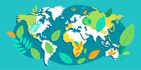 Obraz premium Colorful world map with decorative leaves symbolizing global ecology, nature conservation, and sustainability