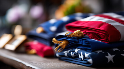 Folded ceremonial flags displayed with honor flag presentation military honors ceremonial flags tribute display respectful arrangement memorial flags honored display with