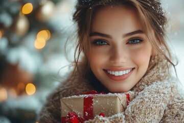 A woman in a winter coat holding a present.