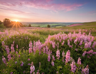 Summer flower meadow wildflower field pink with morning sunlight, Idyllic spring background with blossoming lilac bushes flowers and pink wildflowers on meadow. Natural pink flowers in the mountains