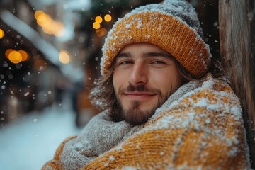 Man in yellow hat and scarf standing in snow.
