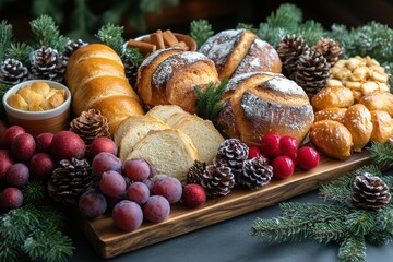 Wooden tray with bread, fruit, and pine cones.