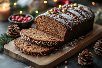Christmas bread loaf with nuts on cutting board.