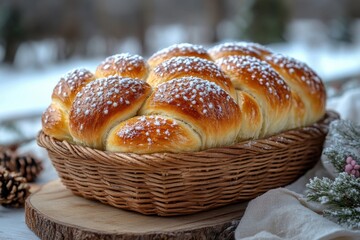 Basket of bread with powdered sugar topping.