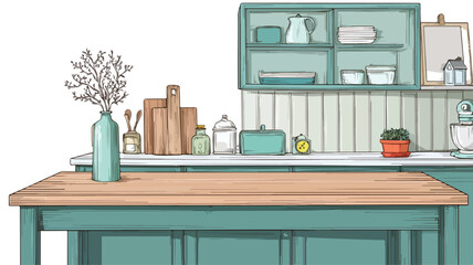 Modern Teal Wooden Kitchen Interior Design with Empty Table