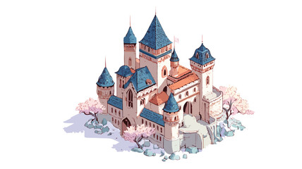 Enchanting Fairytale Castle Isometric Illustration in Fantasy Medieval Architecture