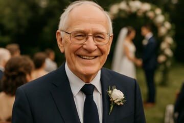 Elderly man in suit with boutonniere smiling at outdoor wedding ceremony, with couple blurred in background.