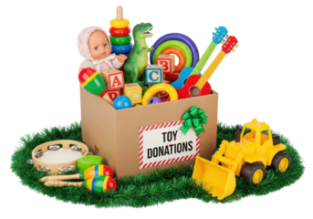 Brown box, 'TOY DONATIONS' label, overflowing with colorful toys and bulldozer, on green tinsel garland against white, holiday charity concept