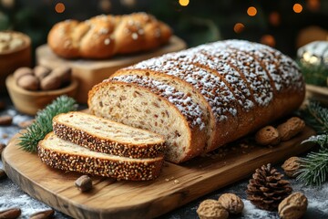 Loaf of nut-filled bread on wooden cutting board.
