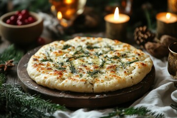 Cheese and herb pizza on wooden plate.
