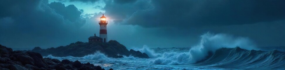 Obraz premium Lone Lighthouse Battles Raging Storm A Beacon of Hope in Tempestuous Seas