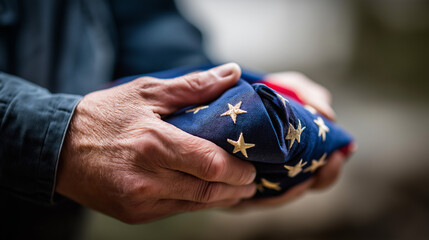 Close up of weathered hands holding folded ceremonial flag veteran tribute military funeral honors patriotic symbol service memorial final salute respectful remembrance
