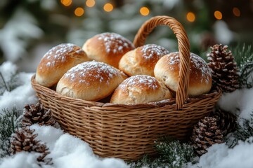Basket of Christmas bread with pine cones.