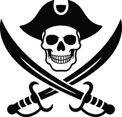 Black pirate skull and crossed swords graphic on transparent background silhouette