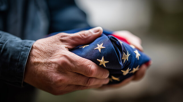 Close up of weathered hands holding folded ceremonial flag veteran tribute military funeral honors patriotic symbol service memorial final salute respectful remembrance