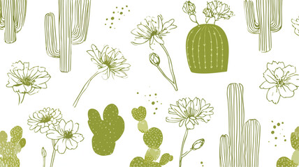 Minimalist Olive Green Light Green Cactus Patterns Flowers