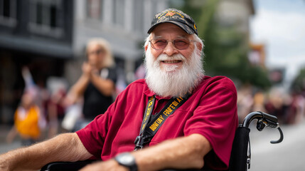 Elderly serviceman in wheelchair at parade disabled veteran military service pride parade participation community honor veteran recognition public tribute patriotic