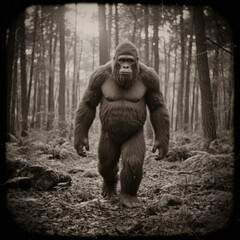 Vintage Sepia Photo of Large Ape-like Creature in North American Woods