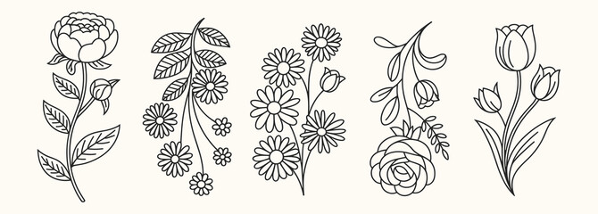 A charming collection of minimalist line art floral illustrations showcasing hand-drawn peonies, daisies, roses, and tulips with leaves.