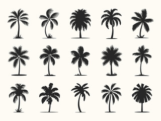 A diverse collection of tropical palm tree silhouettes depicts exotic beach and summer vacation themes.