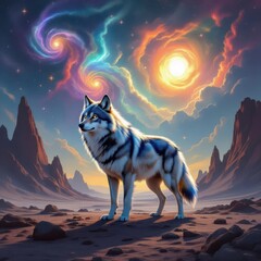Cosmic blue striped wolf stands vigilant amid swirling galactic vortices over crimson canyon peaks at twilight.