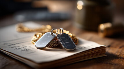 Close up of veteran's military identification tags dog tags service identification military memorabilia personal military history combat identification service documentation