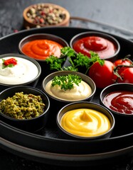 Assorted dipping sauces in small bowls on a dark plate, surrounded by spices and tomatoes
