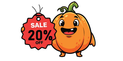 Obraz premium Happy pumpkin character offering a twenty percent sale discount