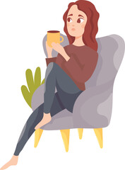 A woman relaxes at home with a cup of coffee or tea. Conceptual illustration of a girl enjoying a hot drink while sitting in a chair. A happy woman relaxes in her room.