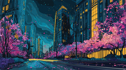 Futuristic Night Cityscape with Cherry Blossoms Vector Illustration