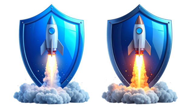 3D rocket and blue shield emblem bundle isolated on transparent background. - Powered by Adobe