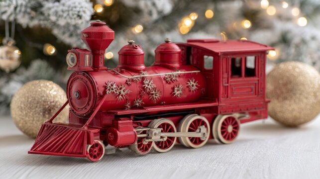 Charming fairy locomotive in festive postcard style captures holiday spirit and joy with decorated trees and warm lights