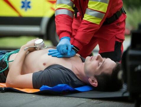 Urgent CPR scene unfolding with paramedic's fast chest compressions, defibrillator at hand &ndash; a moment of life-saving action in emergency care video