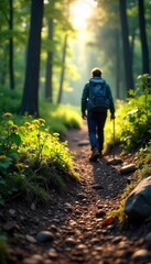 Obraz premium Adventurous Hikers Boot on Rocky Trail Through Lush Forest Sunlight Dappling Path Ahead - Exploration, Nature