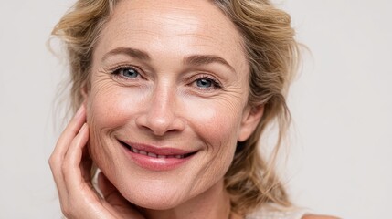 smiling happy attractive 50s middle aged blonde woman older lady looking at camera advertising anti age face skin and body care treatment cosmetics isolated on white background close up portrait no l