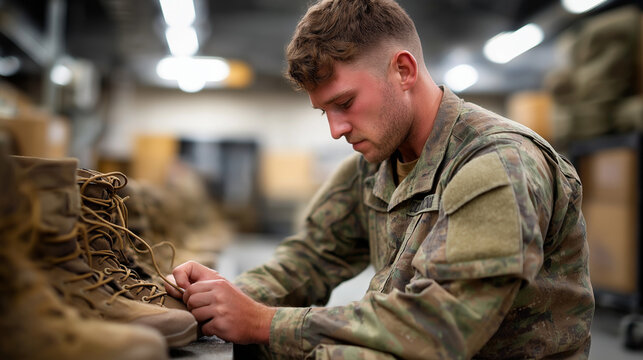 Service member polishing boots in barracks military routine daily duties uniform maintenance barracks life military discipline personal preparation service standards with
