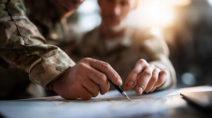 Service members studying maps and tactical documents mission planning strategic preparation military intelligence operation briefing tactical analysis command center
