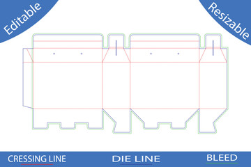 Two compartment packaging box die cut template with fold lines