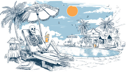 Skeleton Relaxing with Drink at Halloween Pool Party Invitation