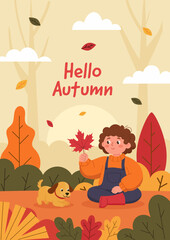 Autumn season illustration poster design with children playing in the park with dog, falling leaf for social media post, banner, or presentation.	