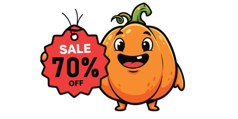Obraz premium A cartoon pumpkin character with a big smile stands next to a red sale tag advertising 70 percent off.