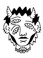Surreal horned portrait with bold linework tattoo style.