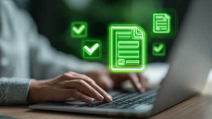 person working on laptop, icon green checkmark, floating document, indicating virtually assembled documents being generated by the company's management system. digital interface, online forms
